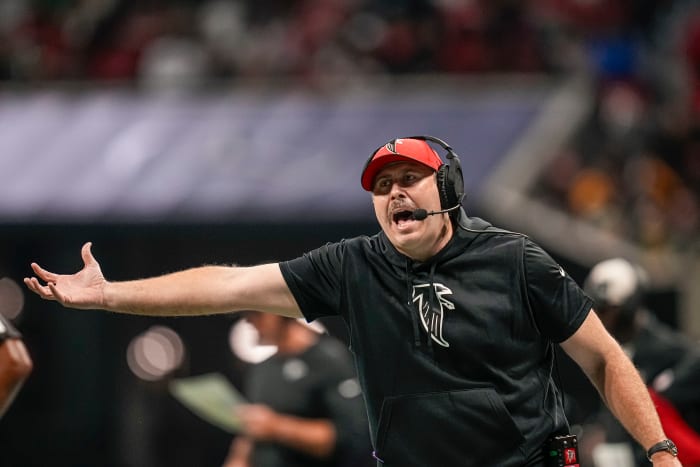 Sep 17, 2023; Atlanta, Georgia, USA; Atlanta Falcons head coach Arthur Smith reacts on the sideline against the Green Bay Packers during the second half at Mercedes-Benz Stadium.
